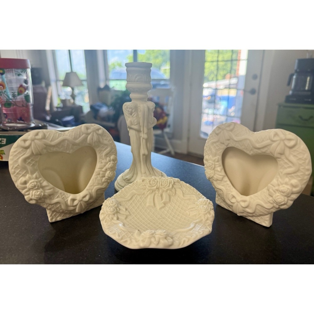Vintage White Bisque Angel Candlestick Heart Photo Frames Trinket Dish Set